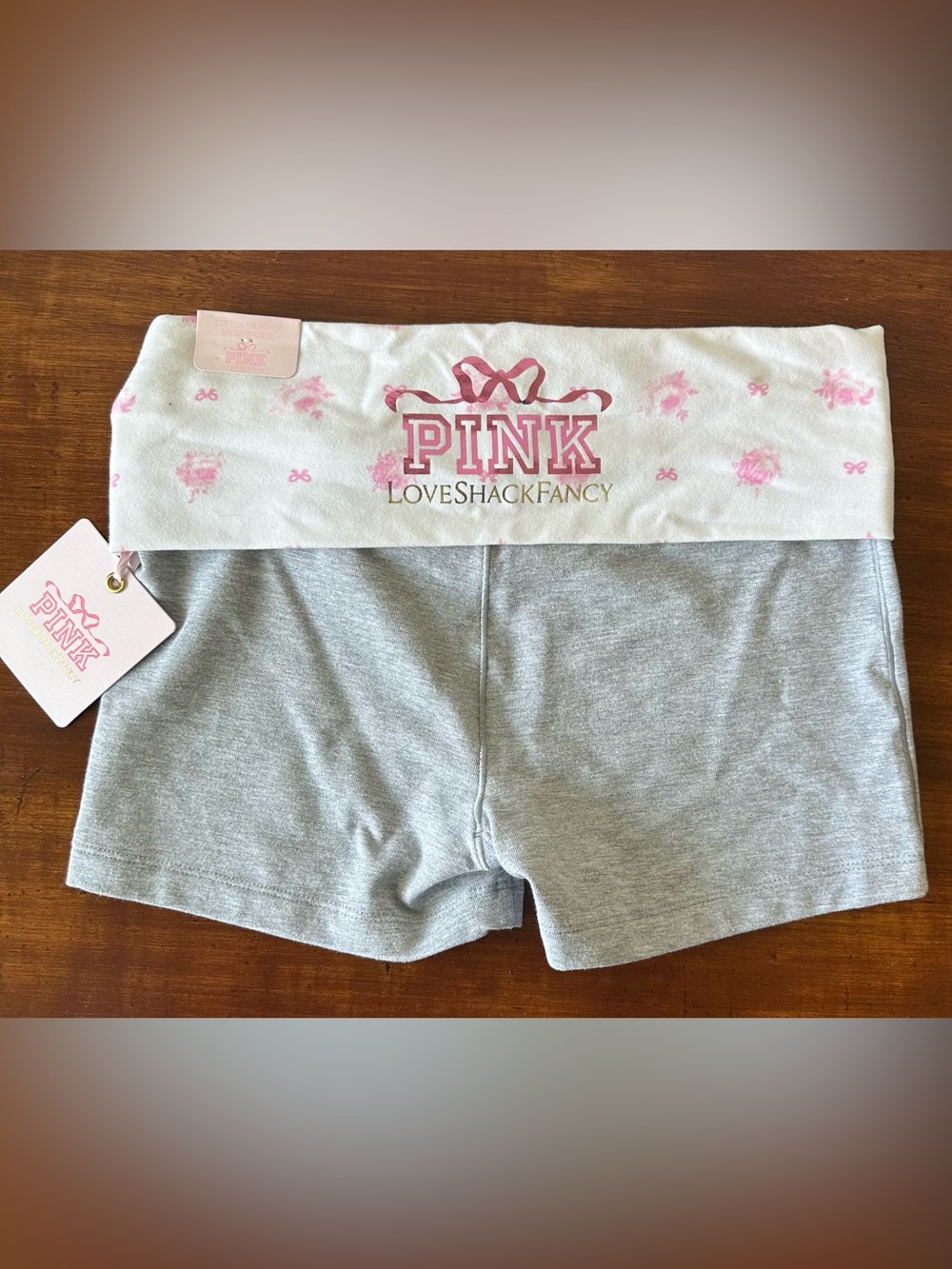 Pink X LoveShackFancy Gray Foldover Yoga shorts XS